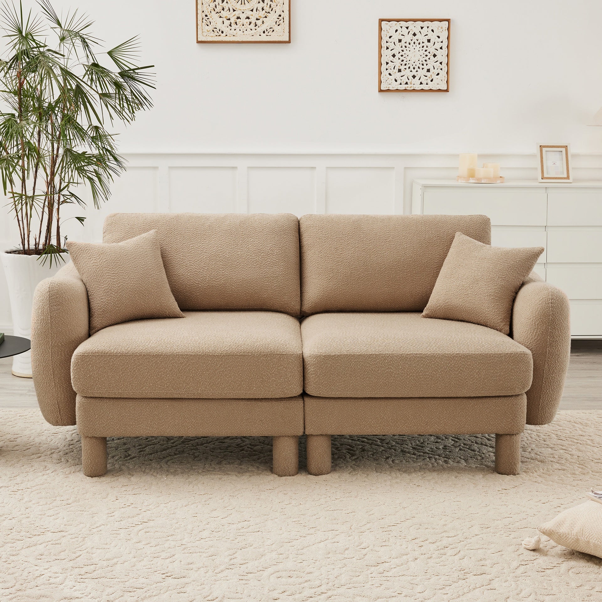 Boucle Fabric 2-seater Loveseat Sofa Couch With  Distinctive Shell-shaped Armrests,Cylindrical Legs Wrapped with Self-fabric,Coffee Color