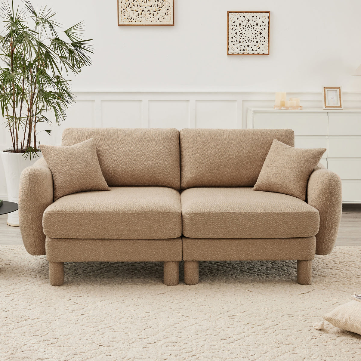 Boucle Fabric 2-seater Loveseat Sofa Couch With  Distinctive Shell-shaped Armrests,Cylindrical Legs Wrapped with Self-fabric,Coffee Color