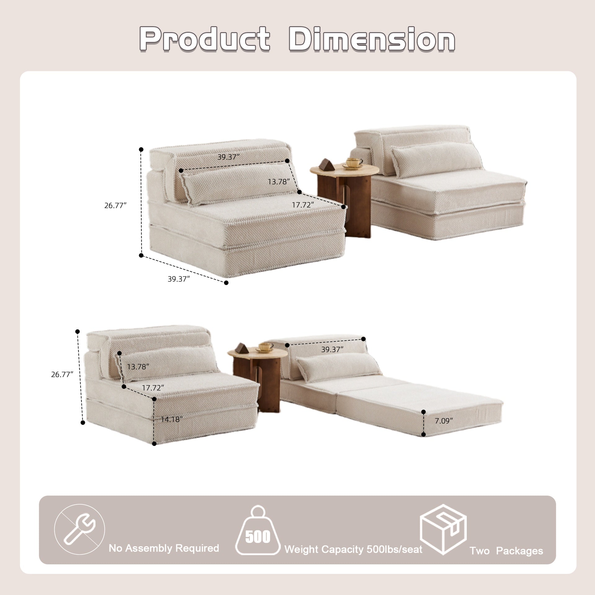 Compression Mahjong Sofa,Convertible Floor Sofa Bed,DIY Boneless Modular Sectional Sofa,No Assembly Required,Circle fleece fabric,Oversized 2 Seater with 2 Pillows,White