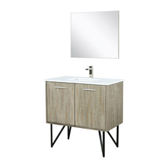 Rustic Acacia Bath Vanity 36 in. W x 20 in. D, White Quartz Top, Brushed Nickel Faucet Set and 28 in. Mirror