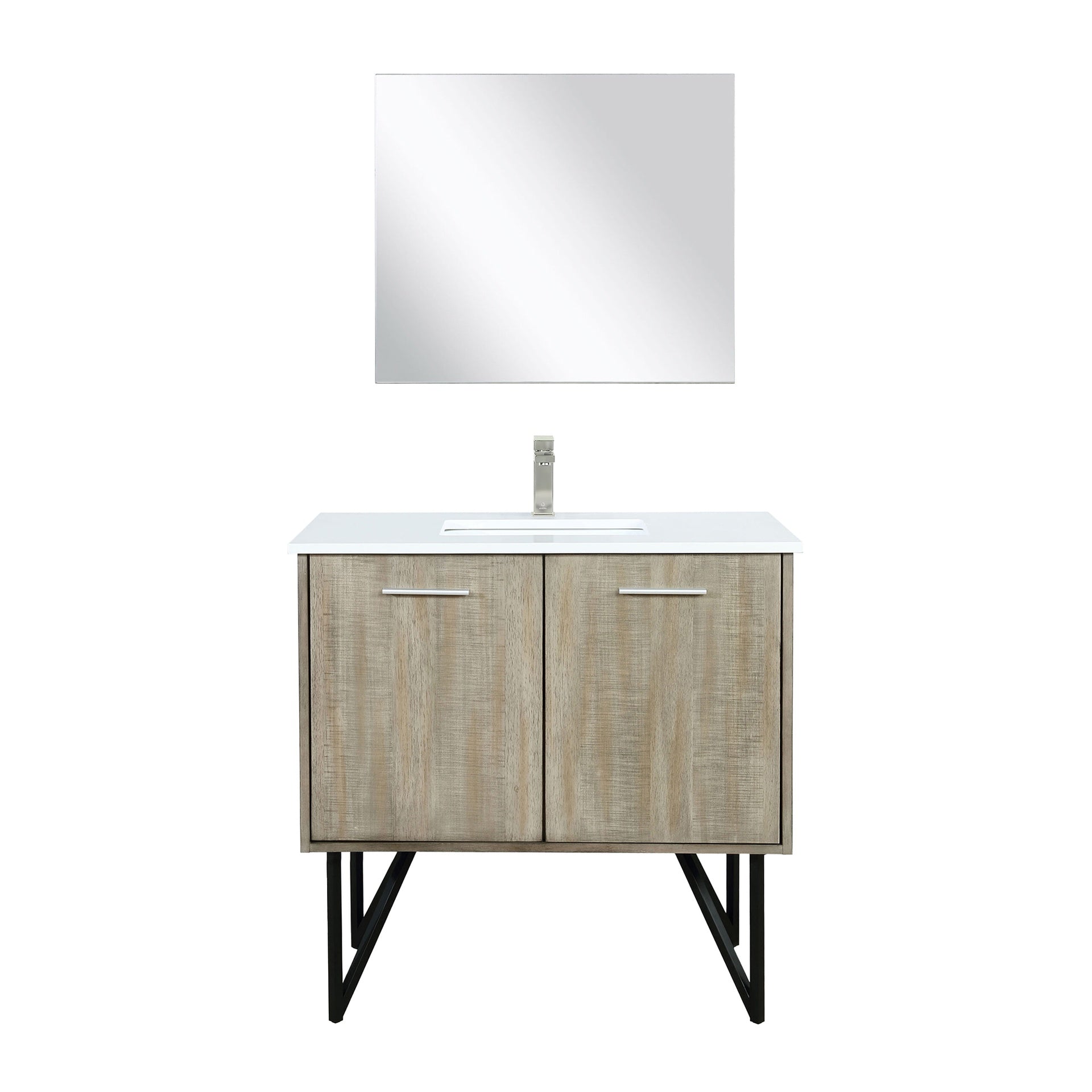 Rustic Acacia Bath Vanity 36 in. W x 20 in. D, White Quartz Top, Brushed Nickel Faucet Set and 28 in. Mirror
