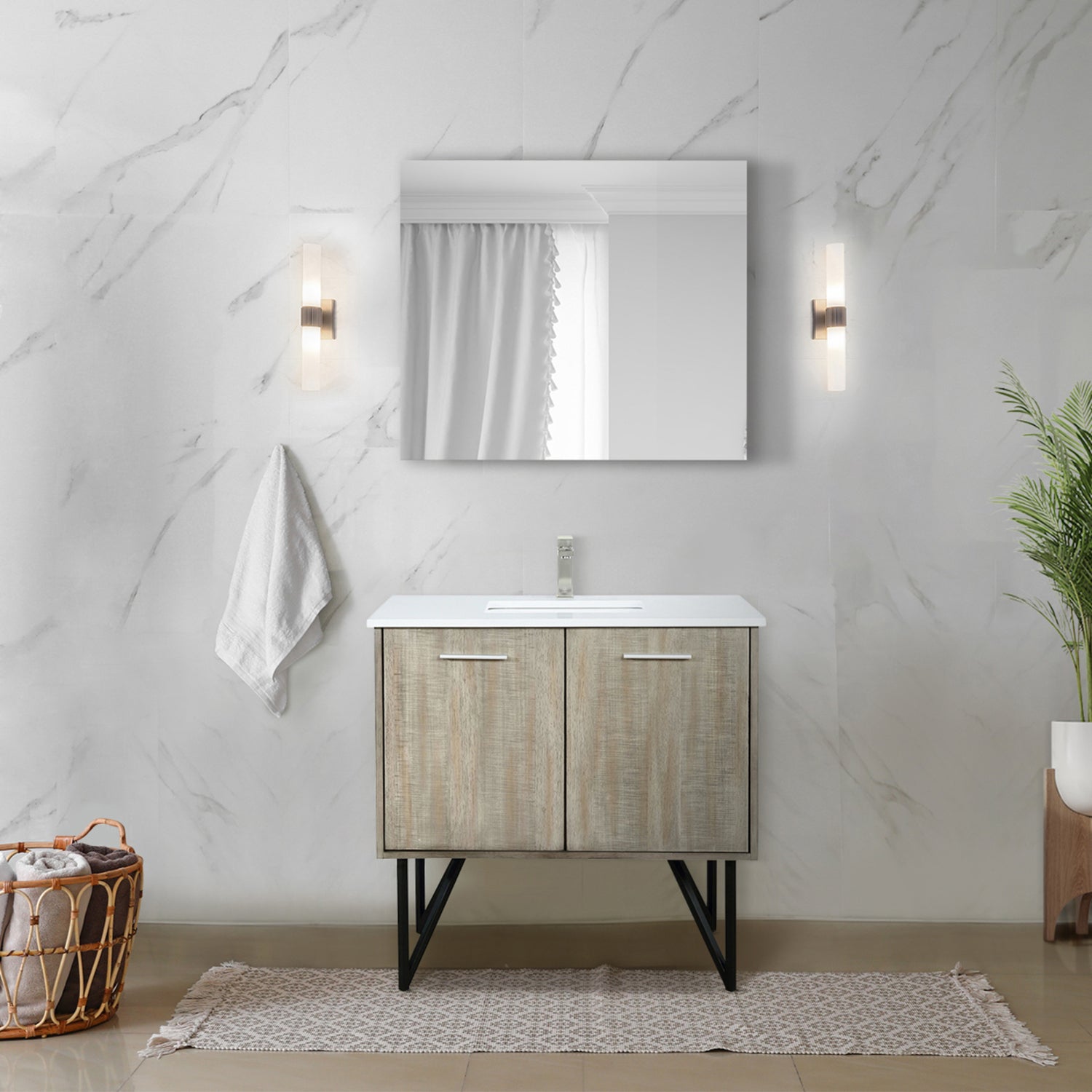 Rustic Acacia Bath Vanity 36 in. W x 20 in. D, White Quartz Top, Brushed Nickel Faucet Set and 28 in. Mirror