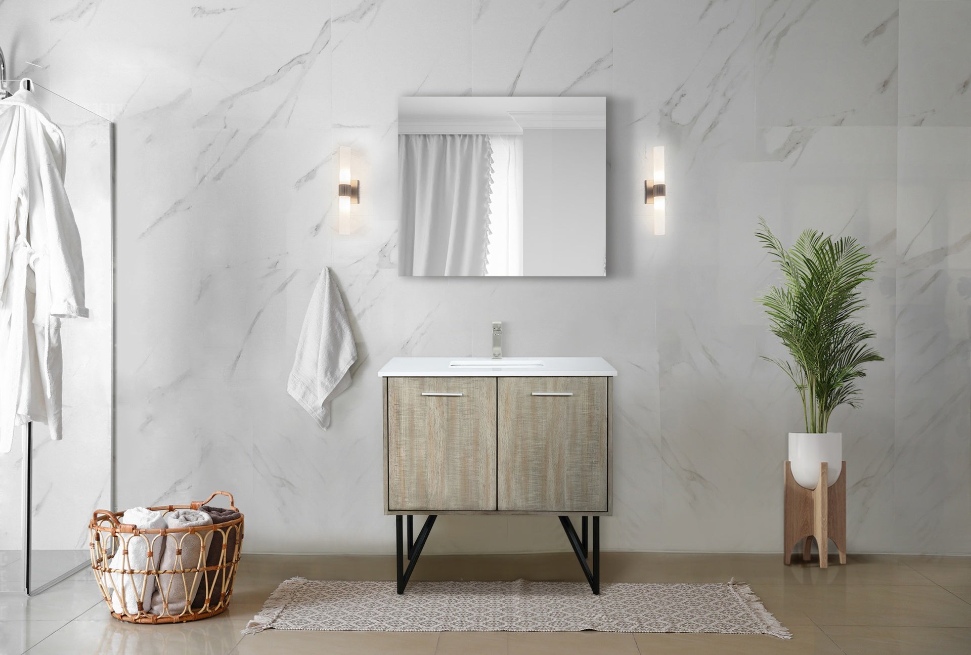 Rustic Acacia Bath Vanity 36 in. W x 20 in. D, White Quartz Top, Brushed Nickel Faucet Set and 28 in. Mirror