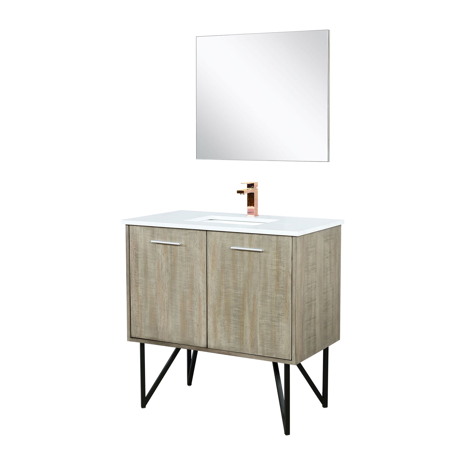 Rustic Acacia Bath Vanity 36 in. W x 20 in. D, Cultured Marble Top, Rose Gold Faucet Set and 28 in. Mirror