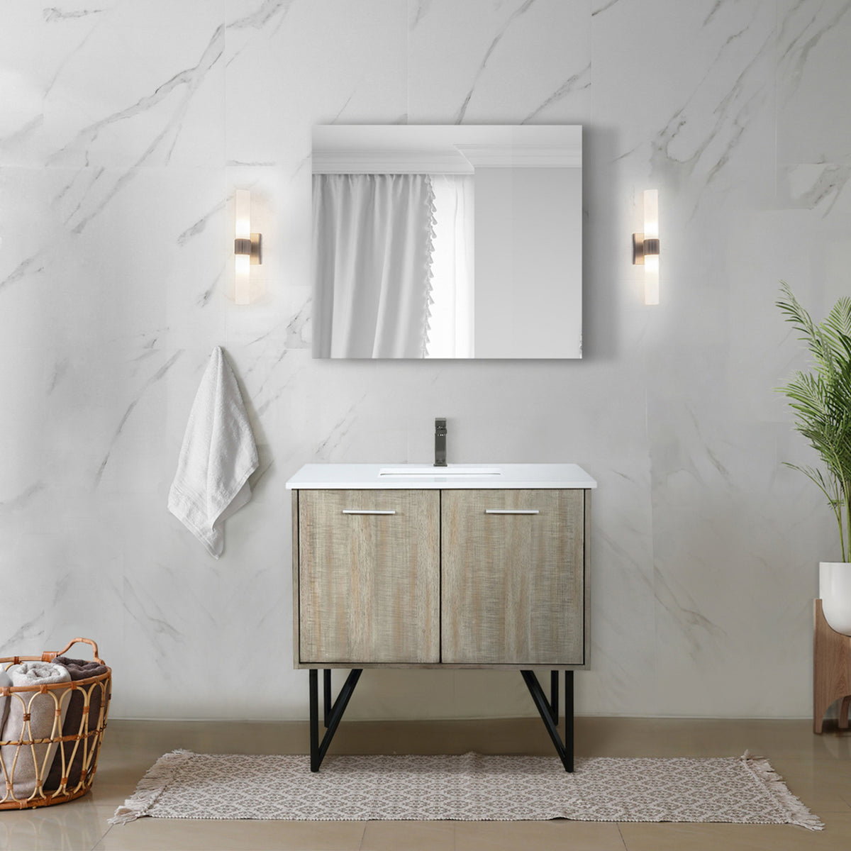 Rustic Acacia Bath Vanity 36 in. W x 20 in. D, Cultured Marble Top, Rose Gold Faucet Set and 28 in. Mirror