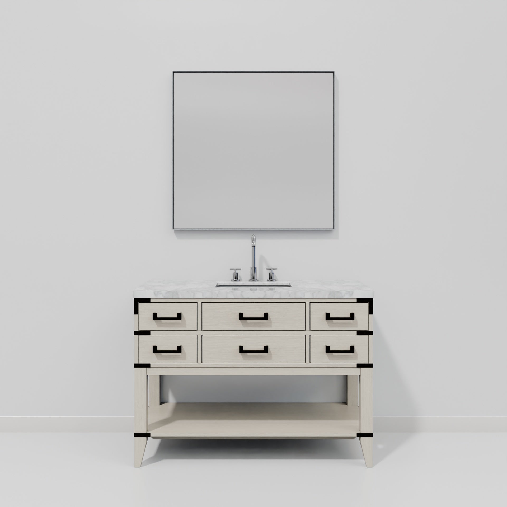 White Oak Single Bath Vanity 48 in. W x 22 in. D, Carrara Marble Top, Faucet Set, and 46 in. Mirror