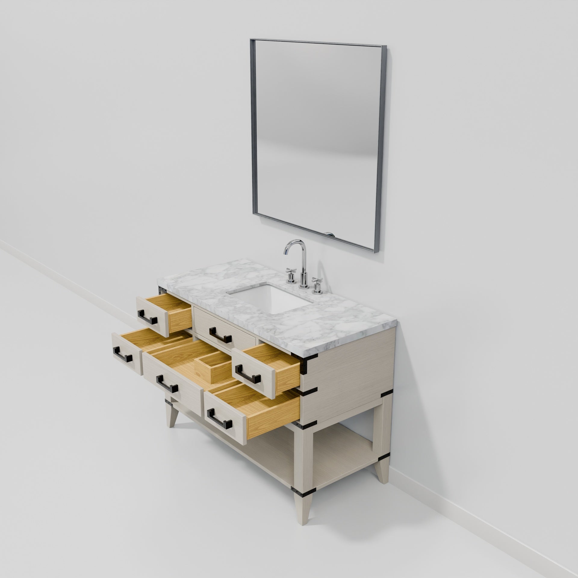White Oak Single Bath Vanity 48 in. W x 22 in. D, Carrara Marble Top, Faucet Set, and 46 in. Mirror