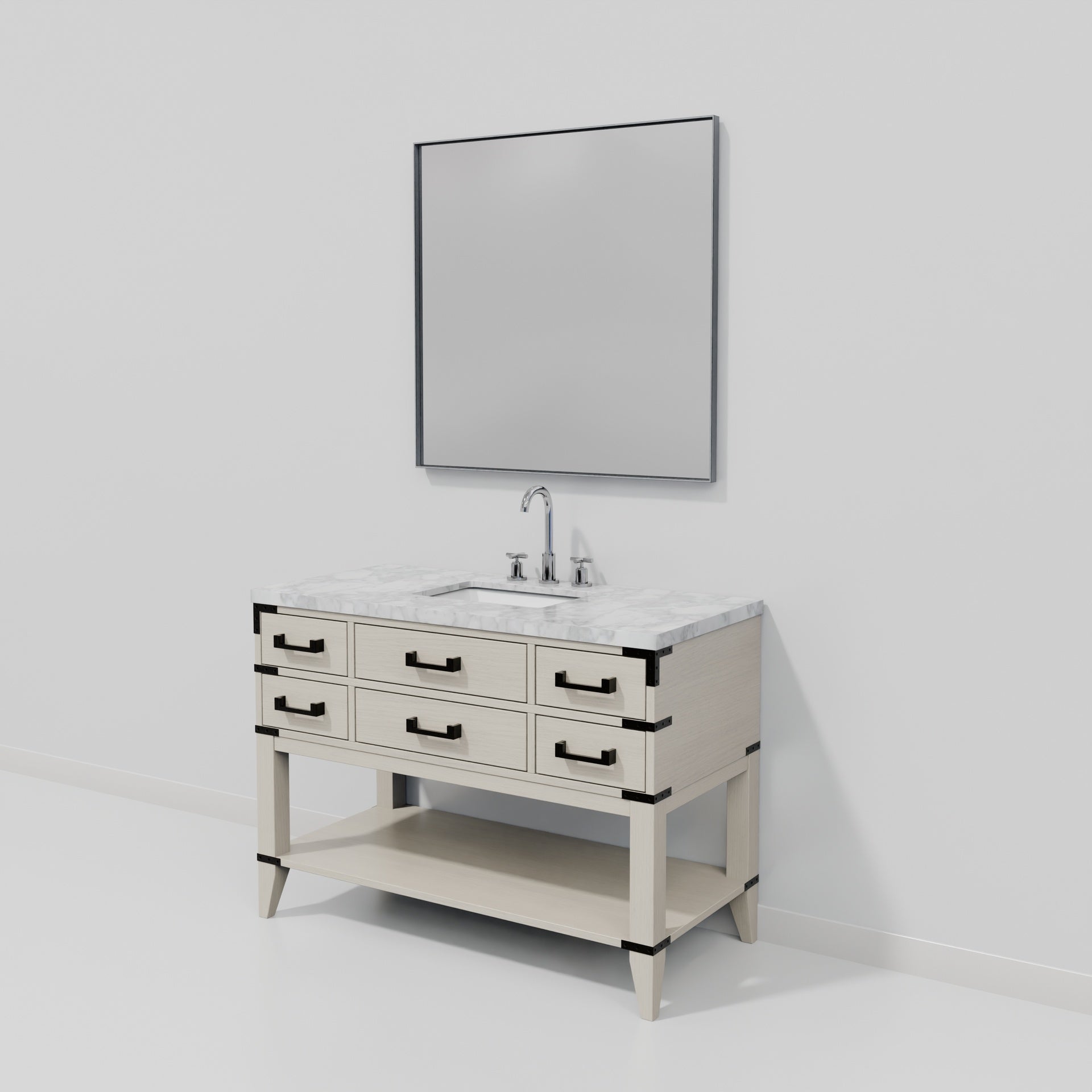 White Oak Single Bath Vanity 48 in. W x 22 in. D, Carrara Marble Top, Faucet Set, and 46 in. Mirror