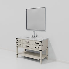 White Oak Single Bath Vanity 48 in. W x 22 in. D, Carrara Marble Top, Faucet Set, and 46 in. Mirror