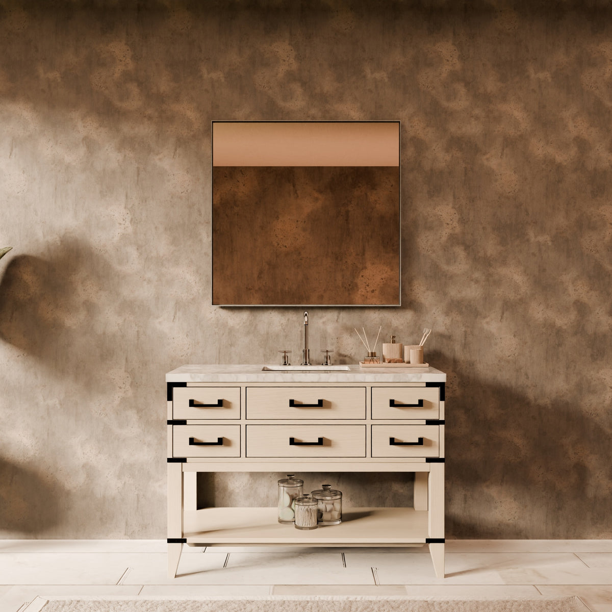 White Oak Single Bath Vanity 48 in. W x 22 in. D, Carrara Marble Top, Faucet Set, and 46 in. Mirror