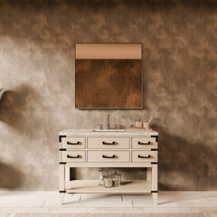 White Oak Single Bath Vanity 48 in. W x 22 in. D, Carrara Marble Top, Faucet Set, and 46 in. Mirror
