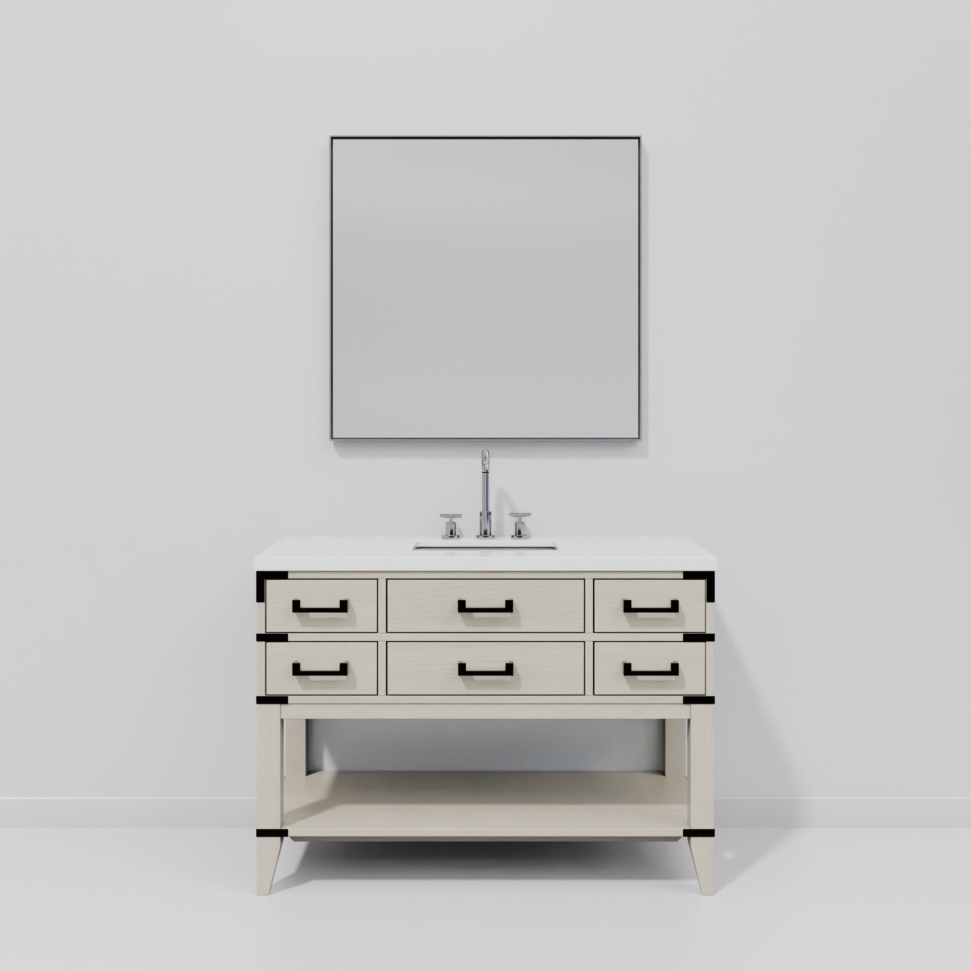 White Oak Single Bath Vanity 48 in. W x 22 in. D, White Quartz Top, Faucet Set, and 46 in. Mirror