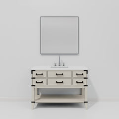 White Oak Single Bath Vanity 48 in. W x 22 in. D, White Quartz Top, Faucet Set, and 46 in. Mirror