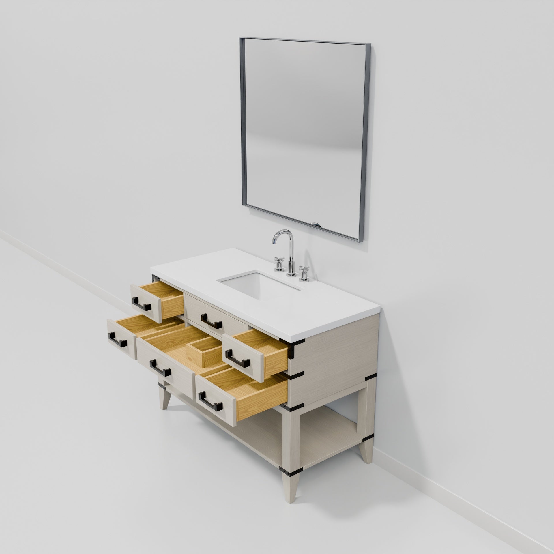 White Oak Single Bath Vanity 48 in. W x 22 in. D, White Quartz Top, Faucet Set, and 46 in. Mirror