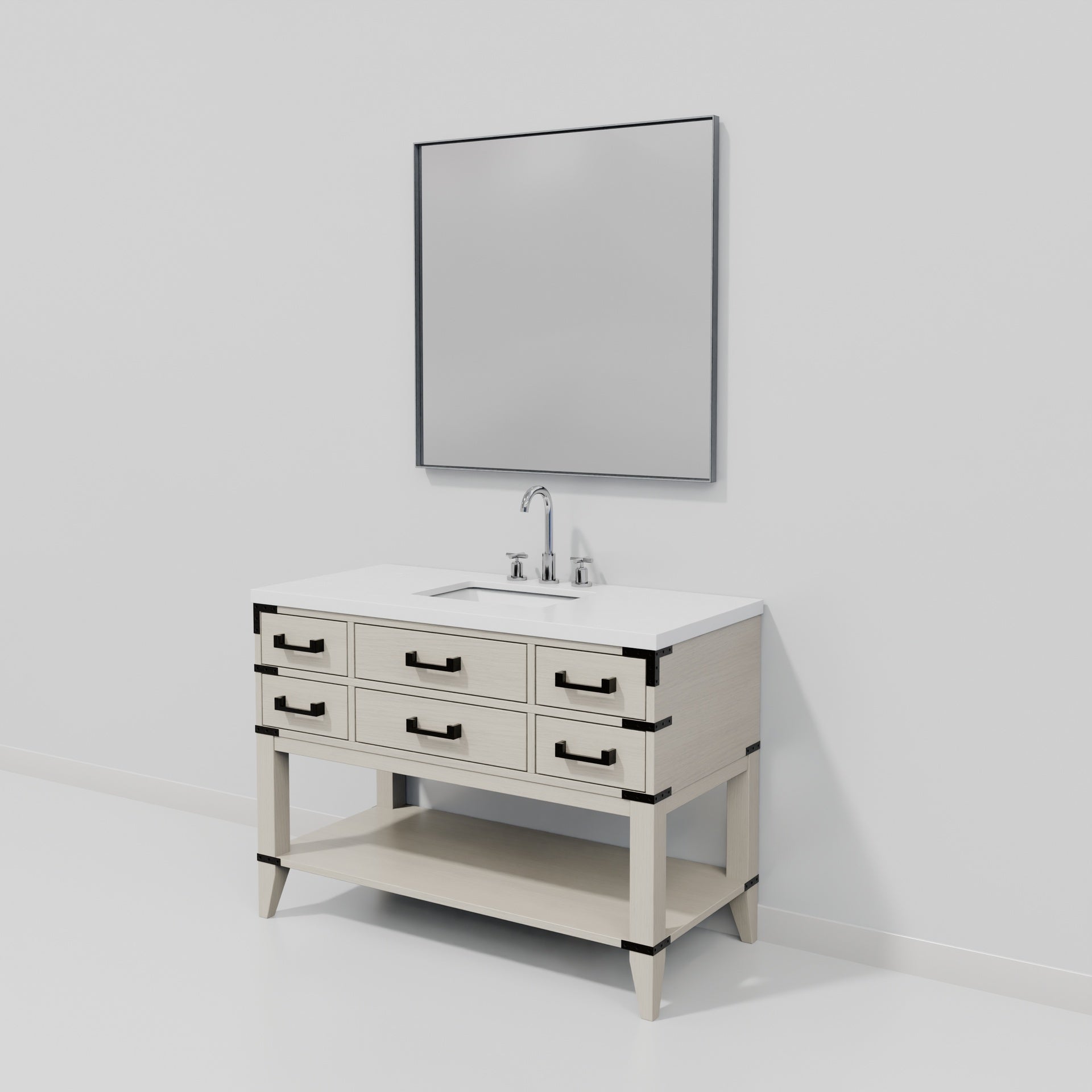 White Oak Single Bath Vanity 48 in. W x 22 in. D, Cultured Marble Top, Faucet Set, and 46 in. Mirror
