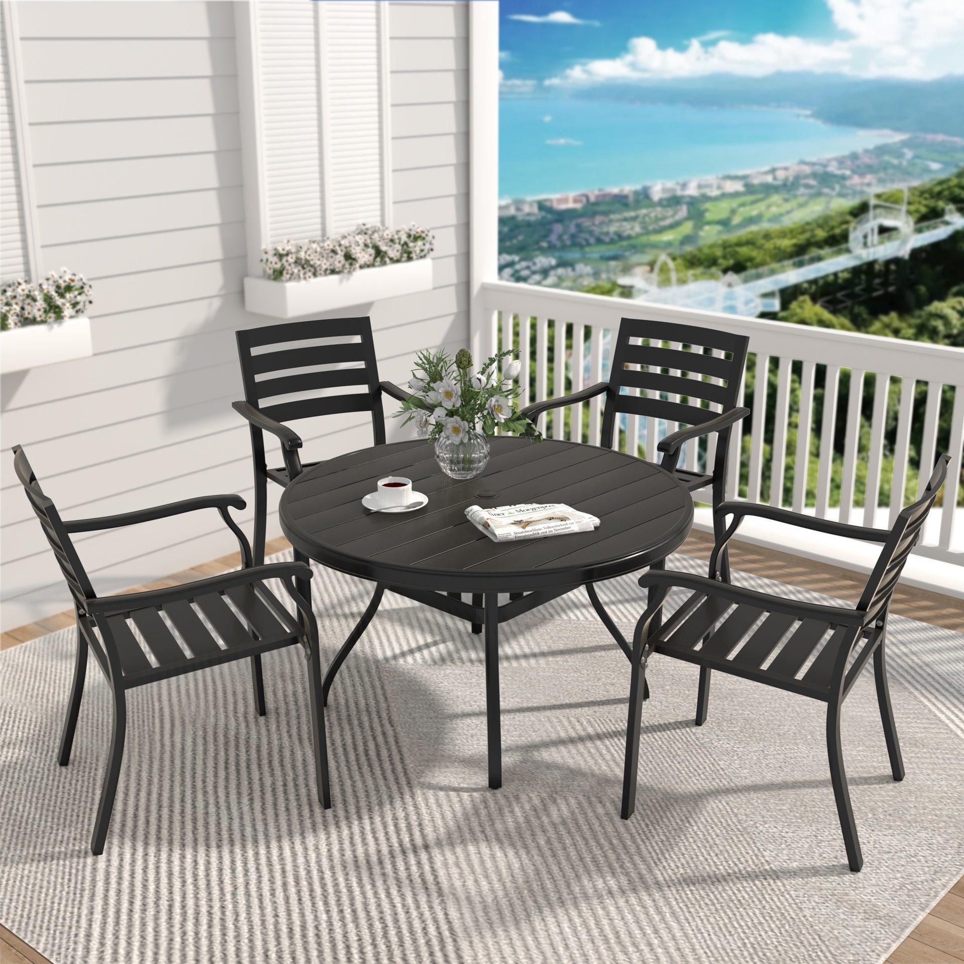 5 Pieces Outdoor Patio Dining Set, 4  Stackable Metal Dining Chairs and 40.6" Round Metal Dining Table, Outdoor Table and Chairs for Lawn Garden Backyard Deck