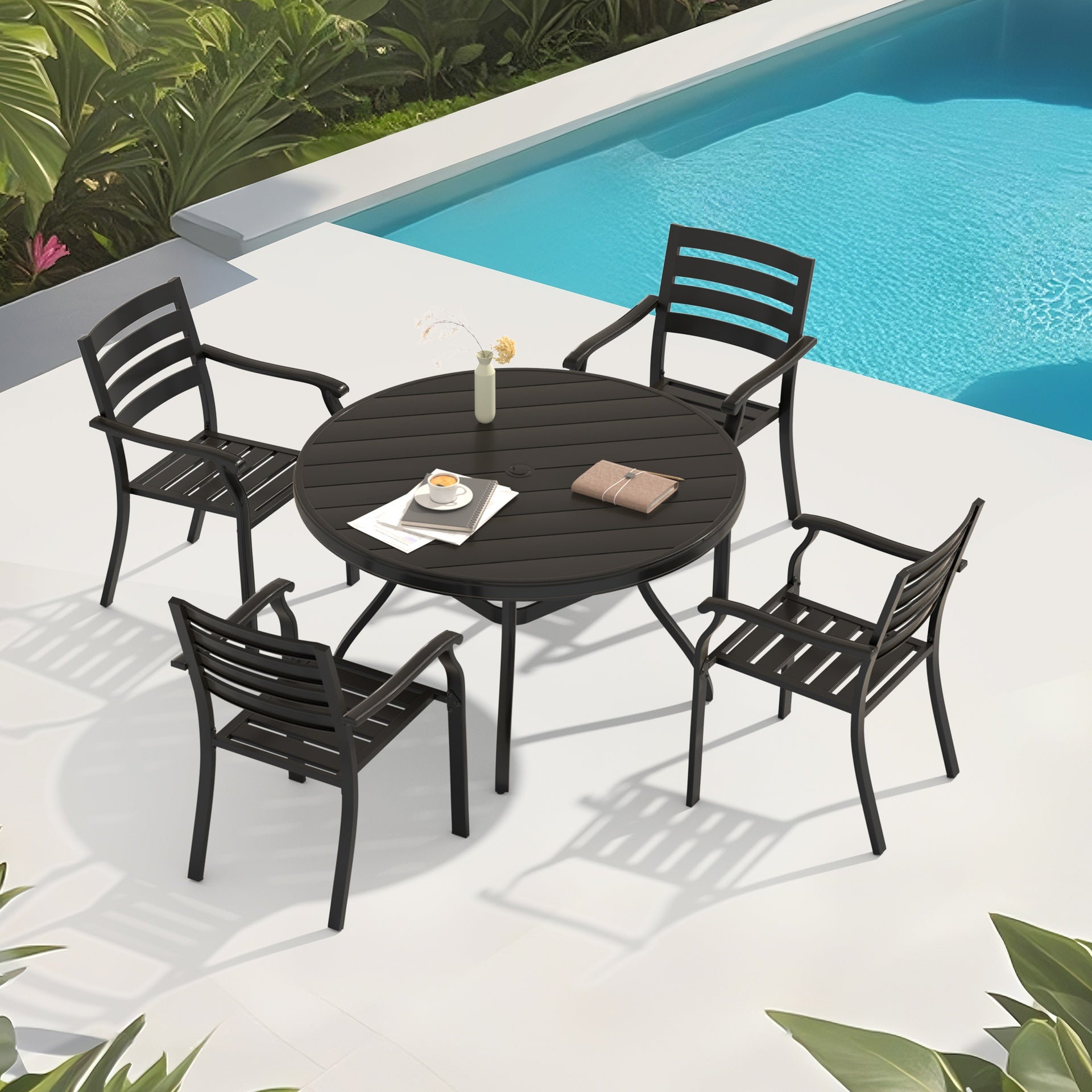 5 Pieces Outdoor Patio Dining Set, 4  Stackable Metal Dining Chairs and 40.6" Round Metal Dining Table, Outdoor Table and Chairs for Lawn Garden Backyard Deck