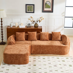 Orange chenille L-shaped compressed sofa that goes well with any living room. It features high-elastic sponge for a comfortable sitting feel,  curved armrests and four throw pillows.
