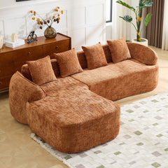 Orange chenille L-shaped compressed sofa that goes well with any living room. It features high-elastic sponge for a comfortable sitting feel,  curved armrests and four throw pillows.