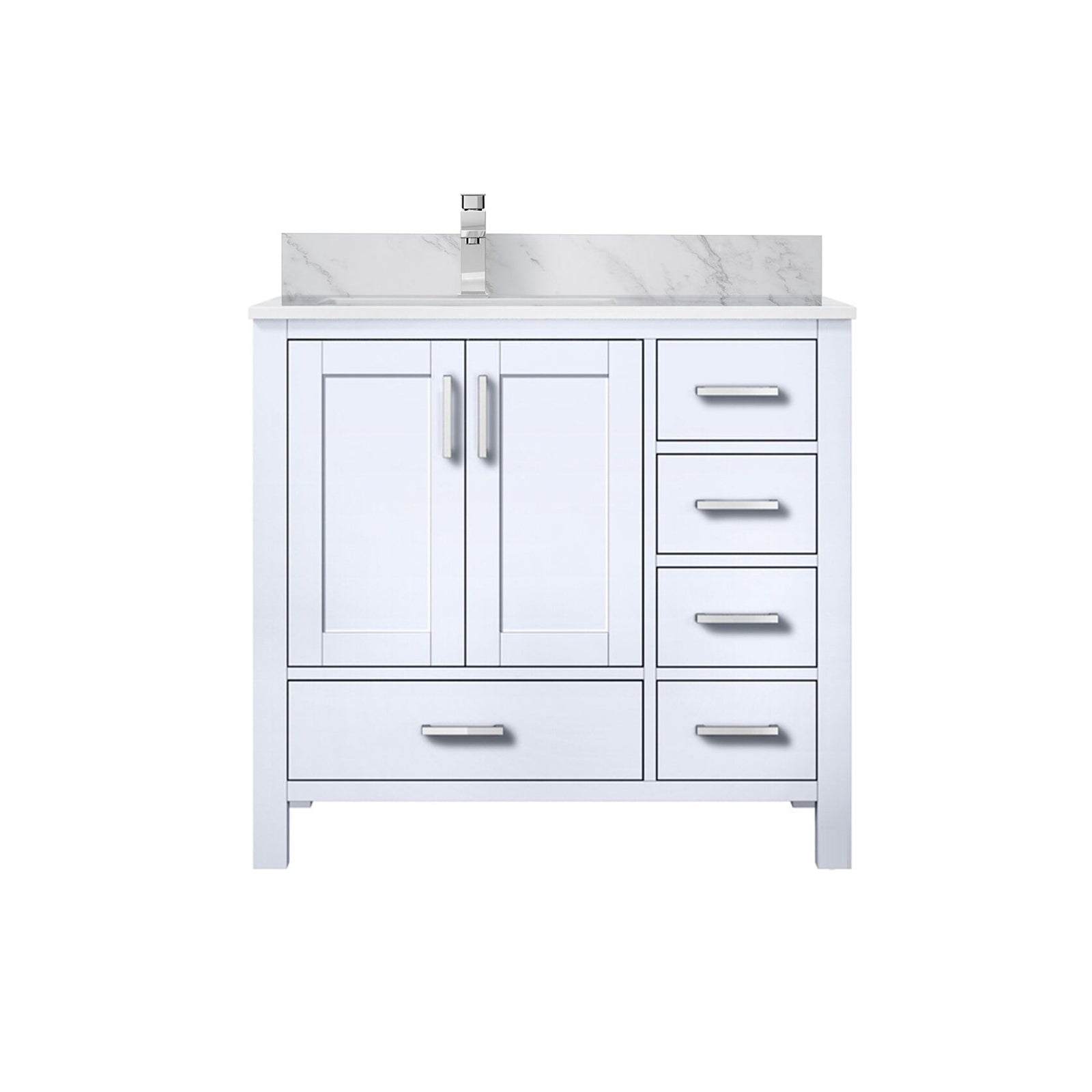 White Bath Vanity 36 in. W x 22 in. D, Left Offset Carrara Marble Top, and Faucet Set