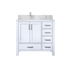 White Bath Vanity 36 in. W x 22 in. D, Left Offset Carrara Marble Top, and Faucet Set