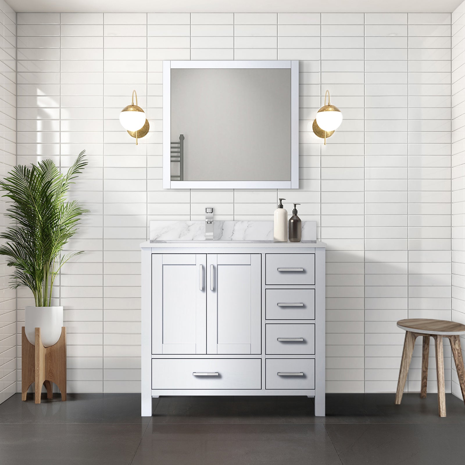 White Bath Vanity 36 in. W x 22 in. D, Left Offset Carrara Marble Top, and Faucet Set