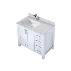 White Bath Vanity 36 in. W x 22 in. D, Left Offset Carrara Marble Top, and Faucet Set