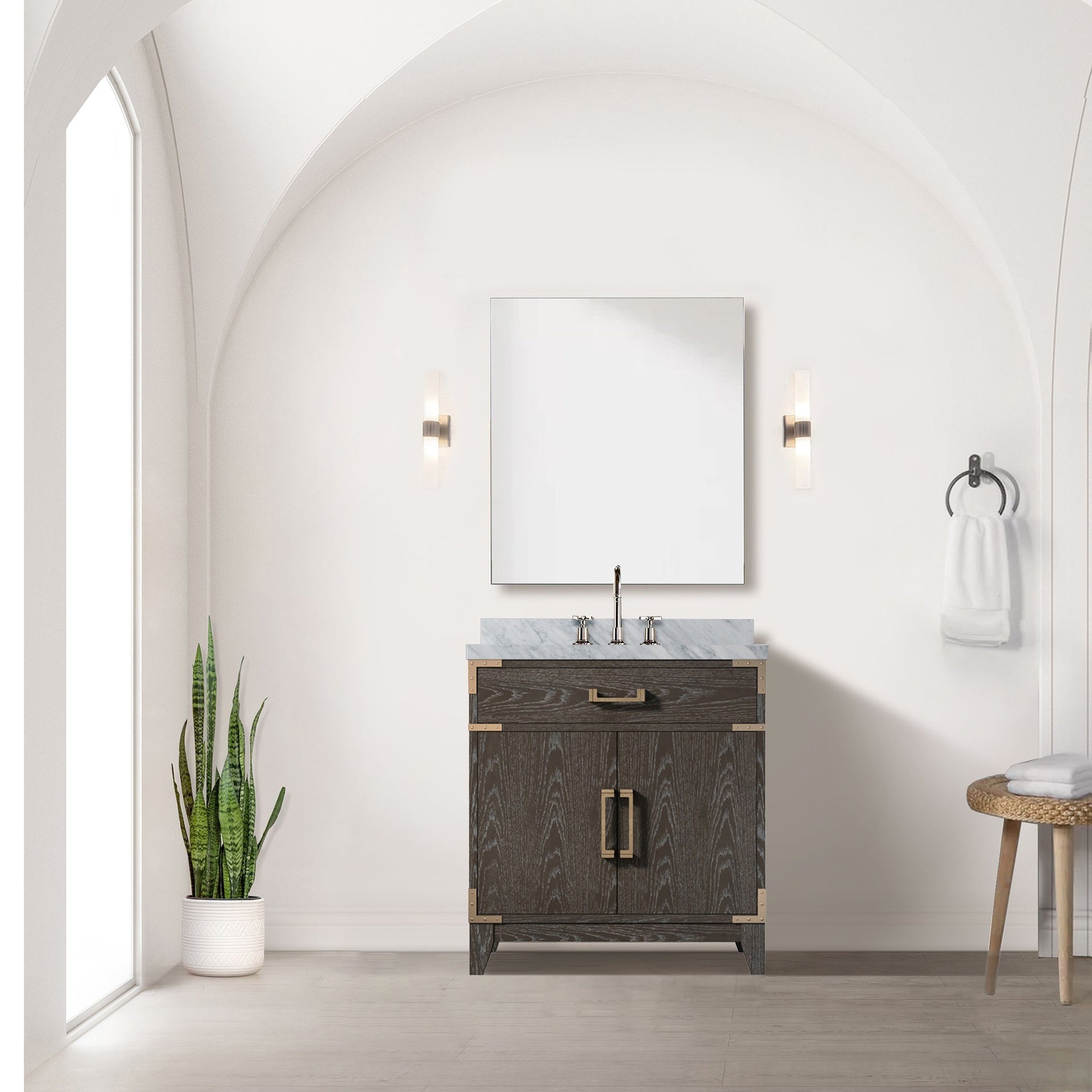Brown Oak Single Bath Vanity 30 in. W x 22 in. D, Carrara Marble Top, and Faucet Set