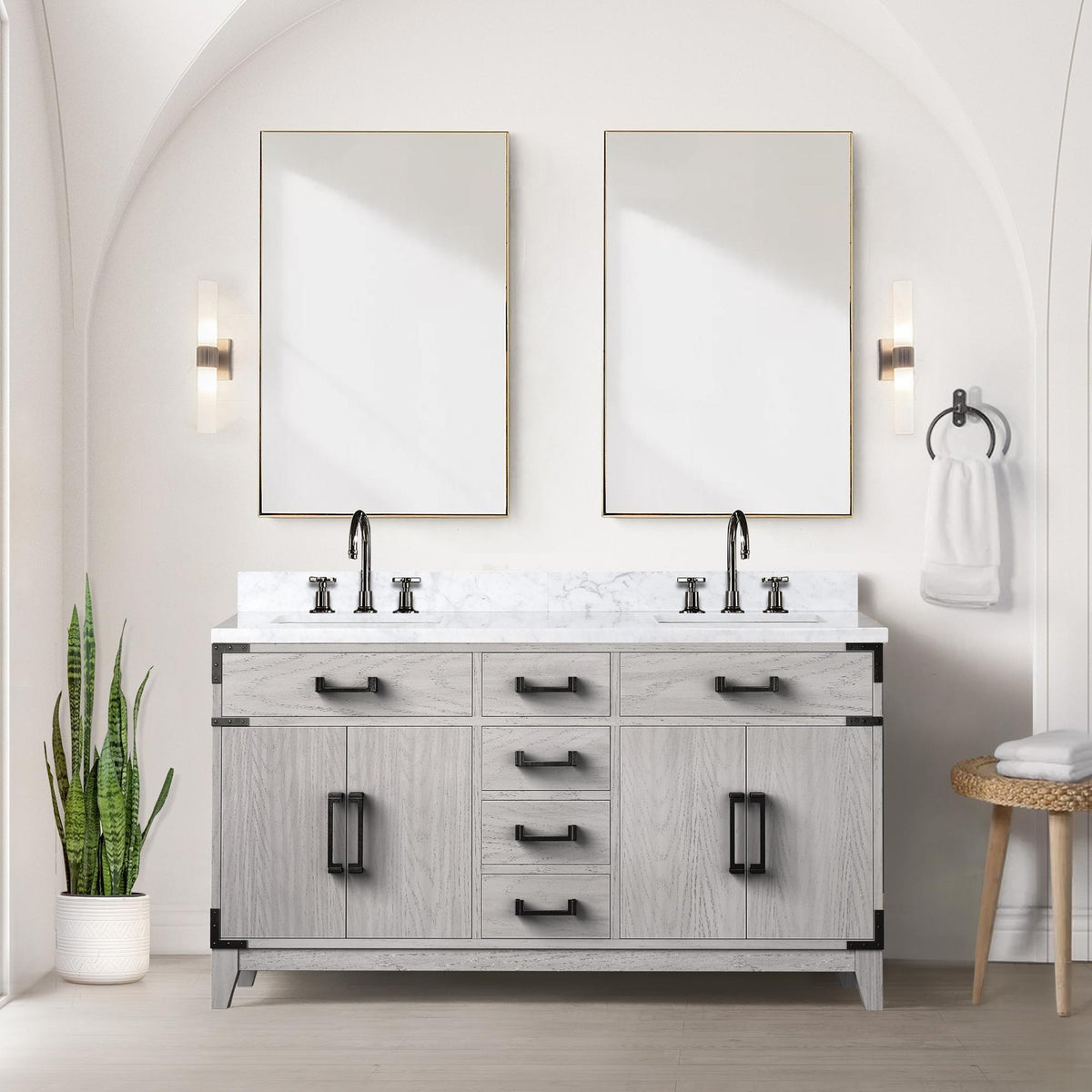 White Oak Double Bath Vanity 60 in. W x 22 in. D