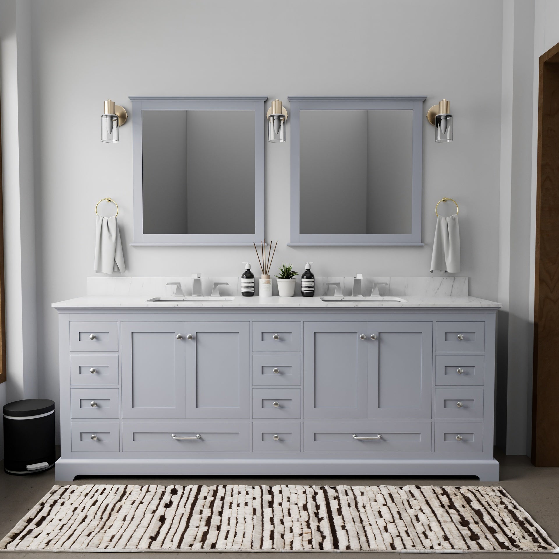 Dark Grey Double Bath Vanity 84 in. W x 22 in. D, Carrara Marble Top, and 34 in. Mirrors