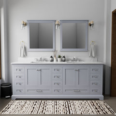 Dark Grey Double Bath Vanity 84 in. W x 22 in. D, Carrara Marble Top, and 34 in. Mirrors