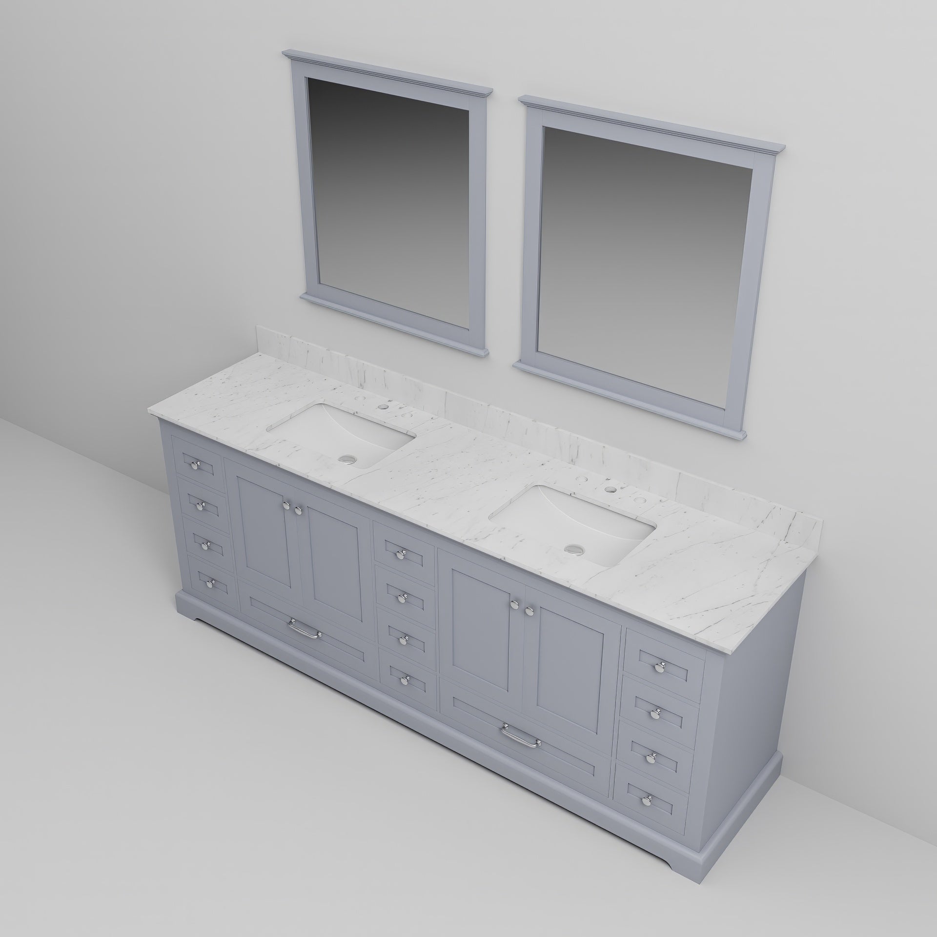 Dark Grey Double Bath Vanity 84 in. W x 22 in. D, Carrara Marble Top, and 34 in. Mirrors