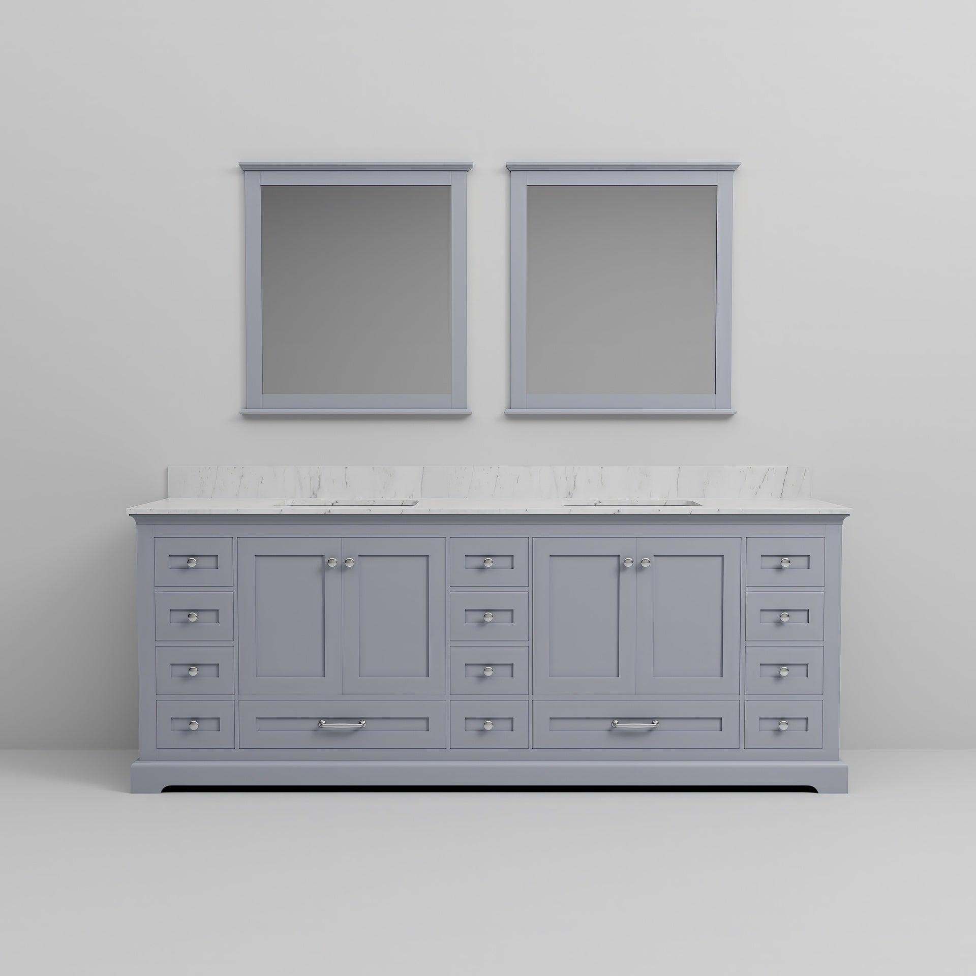 Dark Grey Double Bath Vanity 84 in. W x 22 in. D, Carrara Marble Top, and 34 in. Mirrors