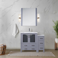 Dark Grey Bath Vanity 42 in. W x 18.25 in. D, with Side Cabinet, White Ceramic Top, and 28 in. Mirror