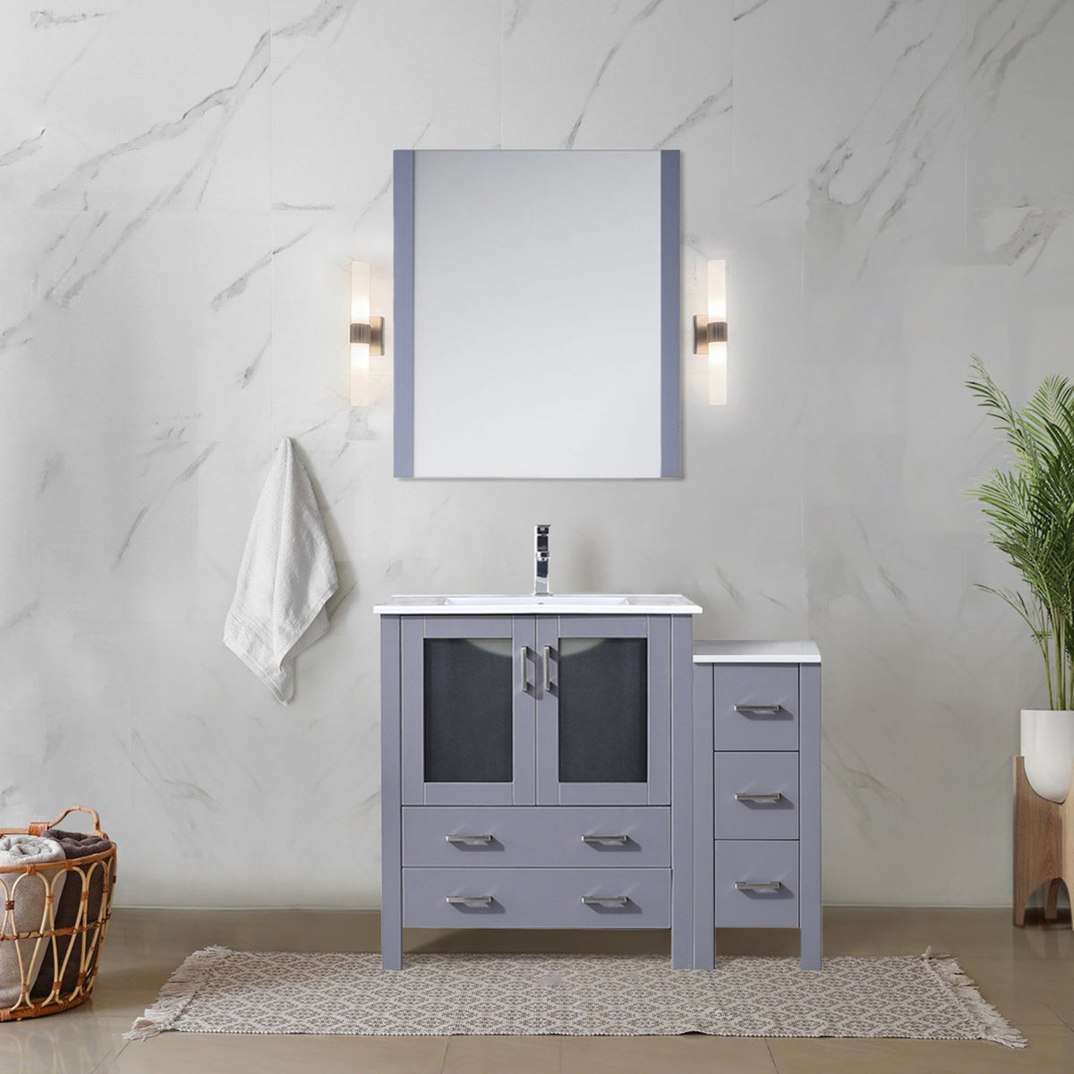 Dark Grey Single Bath Vanity 42 in. W x 18.25 in. D, with Side Cabinet, White Ceramic Top, and Faucet Set