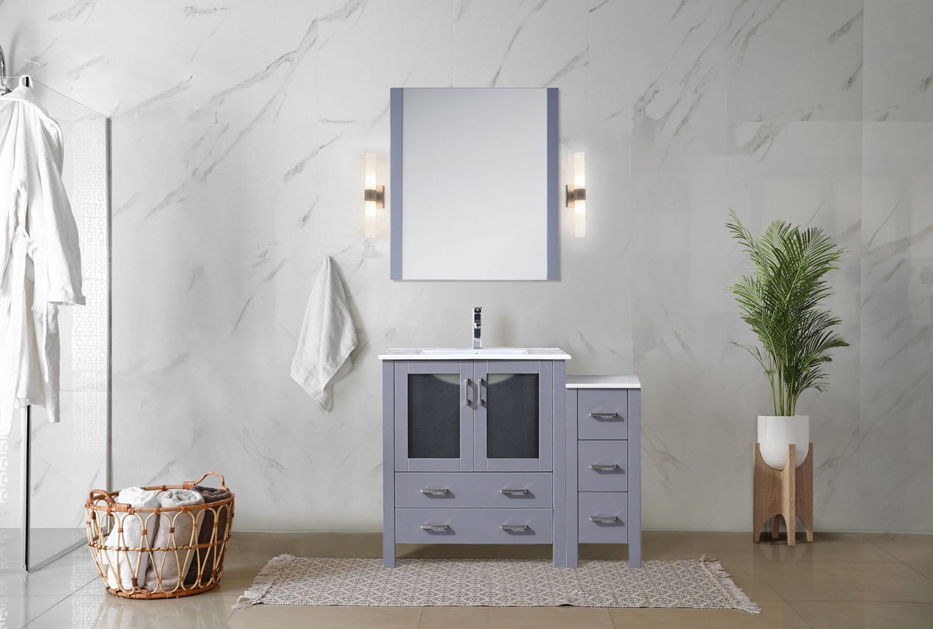 Dark Grey Single Bath Vanity 42 in. W x 18.25 in. D, with Side Cabinet, White Ceramic Top, and Faucet Set