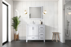 White Bath Vanity 36 in. W x 22 in. D, Left Offset Carrara Marble Top, Faucet Set, and 34 in. Mirrors
