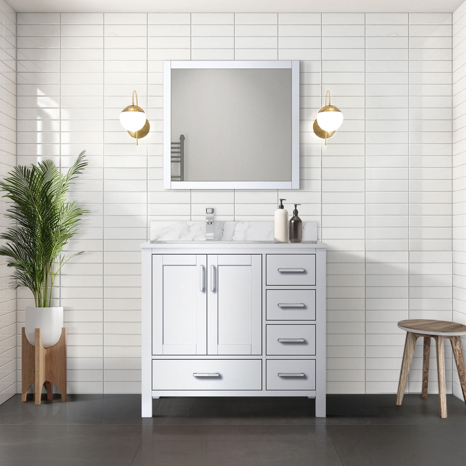 White Bath Vanity 36 in. W x 22 in. D, Left Offset Carrara Marble Top, Faucet Set, and 34 in. Mirrors