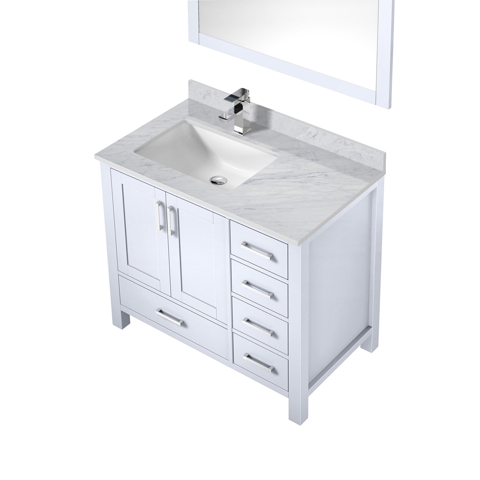 White Bath Vanity 36 in. W x 22 in. D, Left Offset Carrara Marble Top, Faucet Set, and 34 in. Mirrors