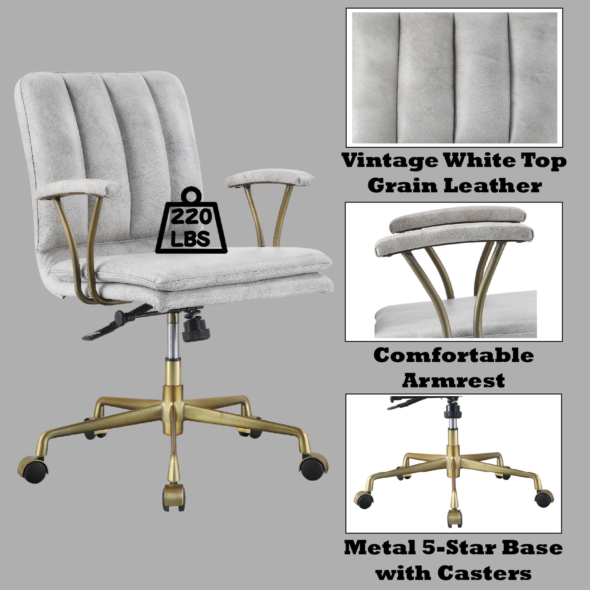 Damir Vintage White Top Grain Leather & Chrome Finish Office Chair