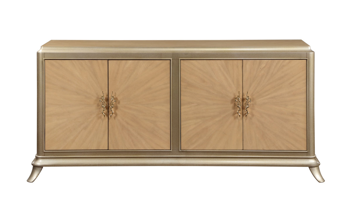 Dodie Natural Oak Sunburst Pattern & Taupe Champaign Finish Console Cabinet