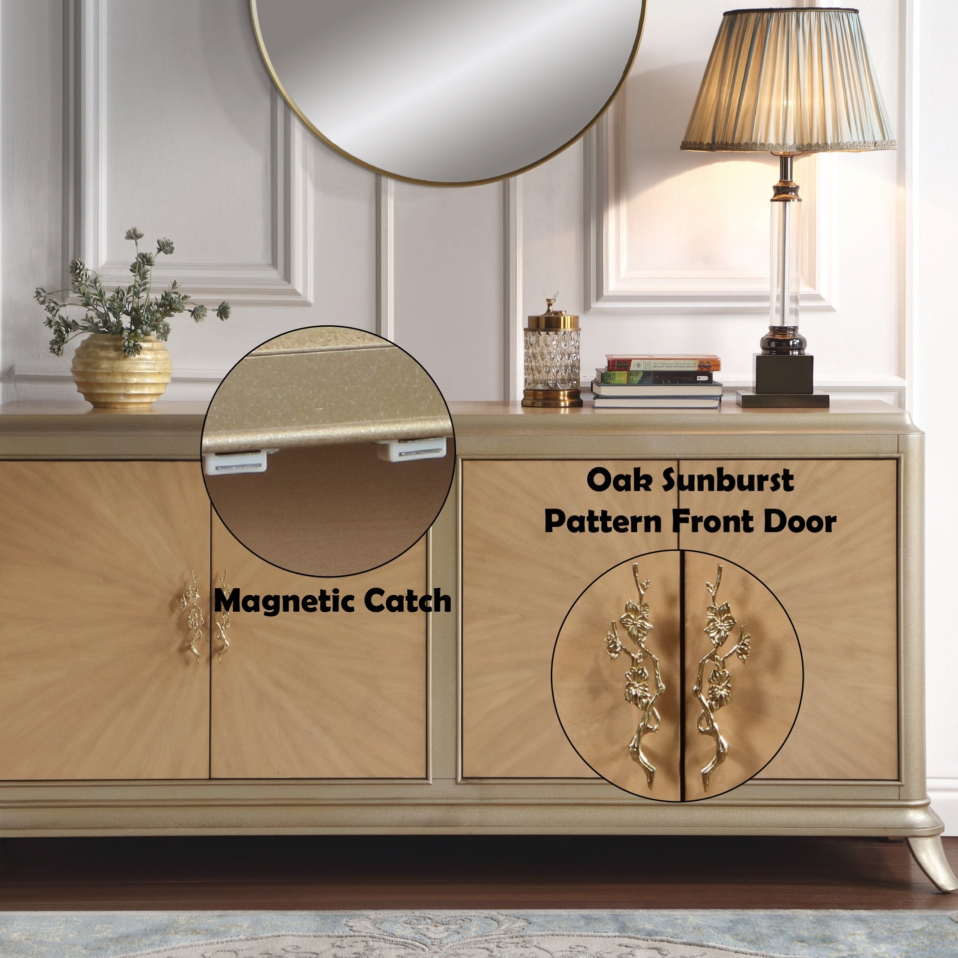 Dodie Natural Oak Sunburst Pattern & Taupe Champaign Finish Console Cabinet