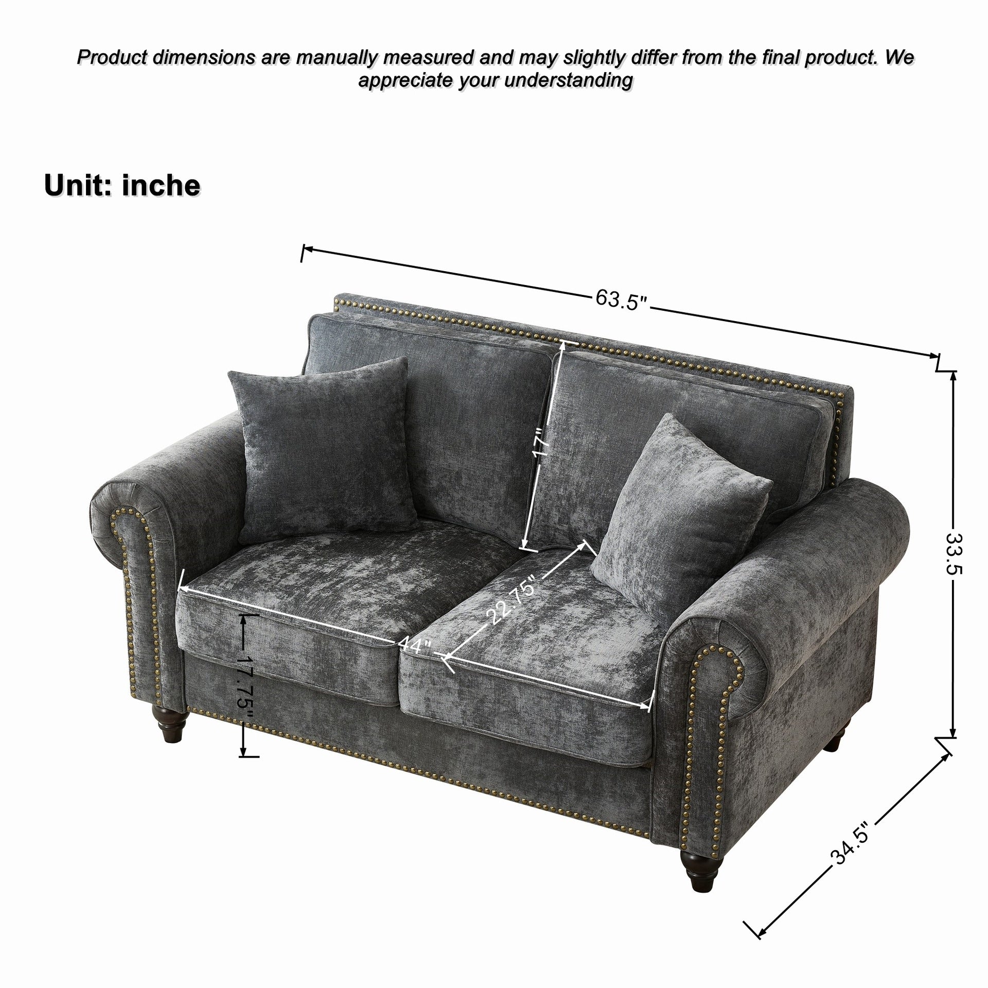 63" Modern 2-Seater Sofa with Rolled Arms,Chenille Upholstered Couch with Wood Legs and Nailhead Trim for Living Room, Apartment,Gray