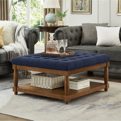 Large Square Upholstered Tufted Linen Ottoman Coffee Table, Large Footrest Ottoman with Solid Wood Shelf- Navy Blue