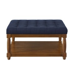 Large Square Upholstered Tufted Linen Ottoman Coffee Table, Large Footrest Ottoman with Solid Wood Shelf- Navy Blue