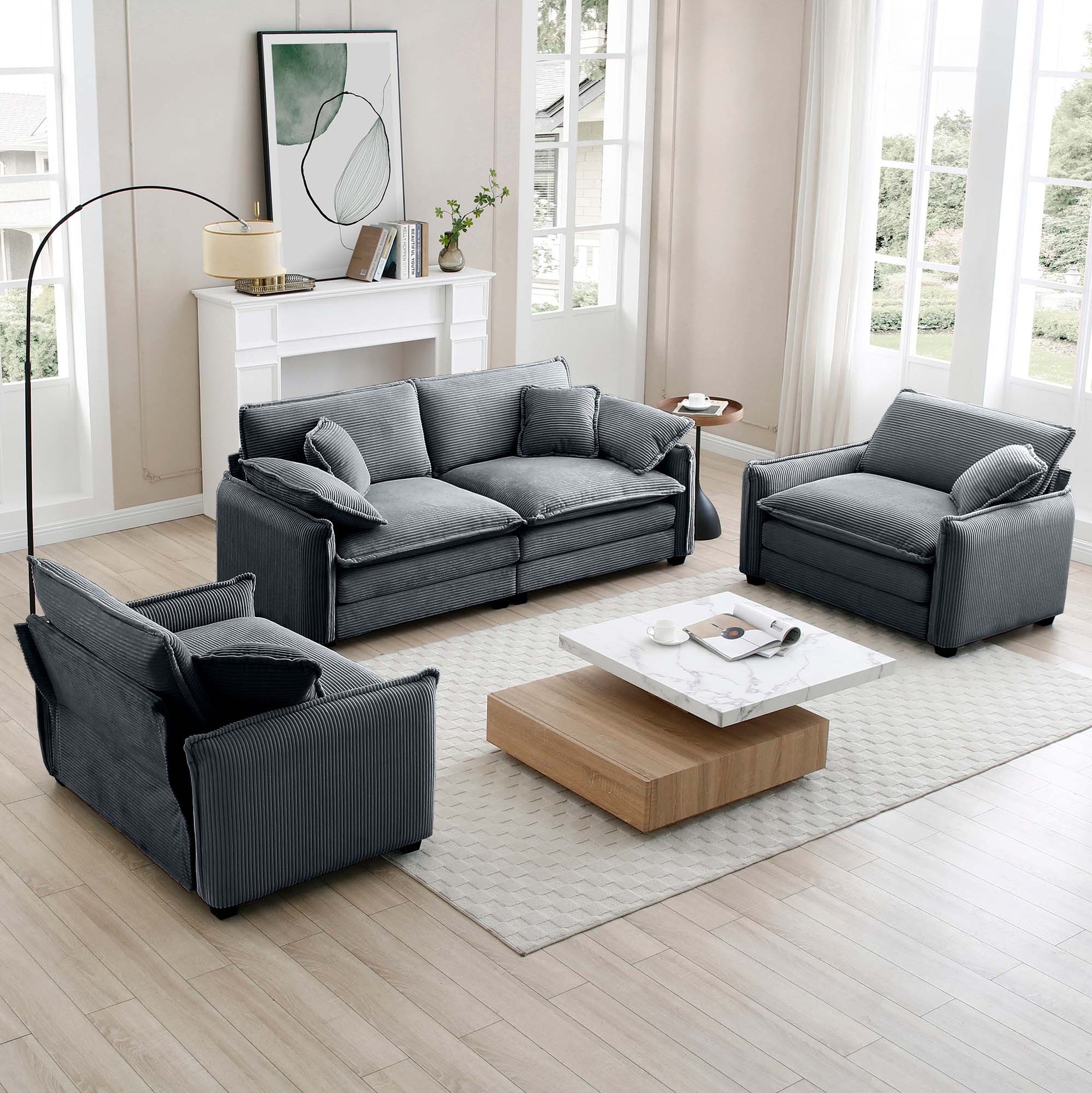 Luxurious and Sophisticated Sofa Set with Soft Cushions and Pillows, Sofa Set for Living Rooms and Clubs as well as Home Theaters, Consisting of Two Single Sofas and a 2-Seaters  Sofas inGrey Corduroy