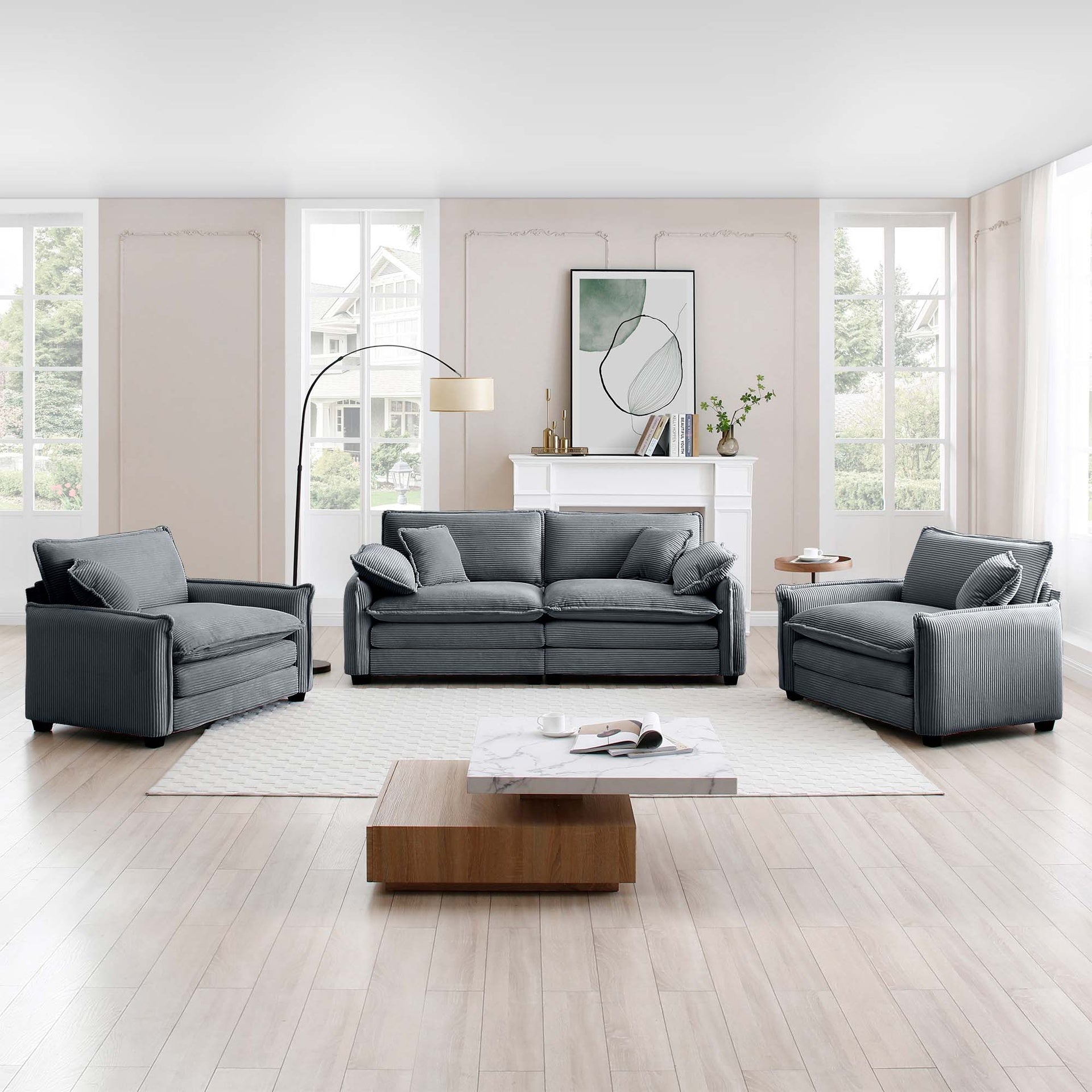 Luxurious and Sophisticated Sofa Set with Soft Cushions and Pillows, Sofa Set for Living Rooms and Clubs as well as Home Theaters, Consisting of Two Single Sofas and a 2-Seaters  Sofas inGrey Corduroy