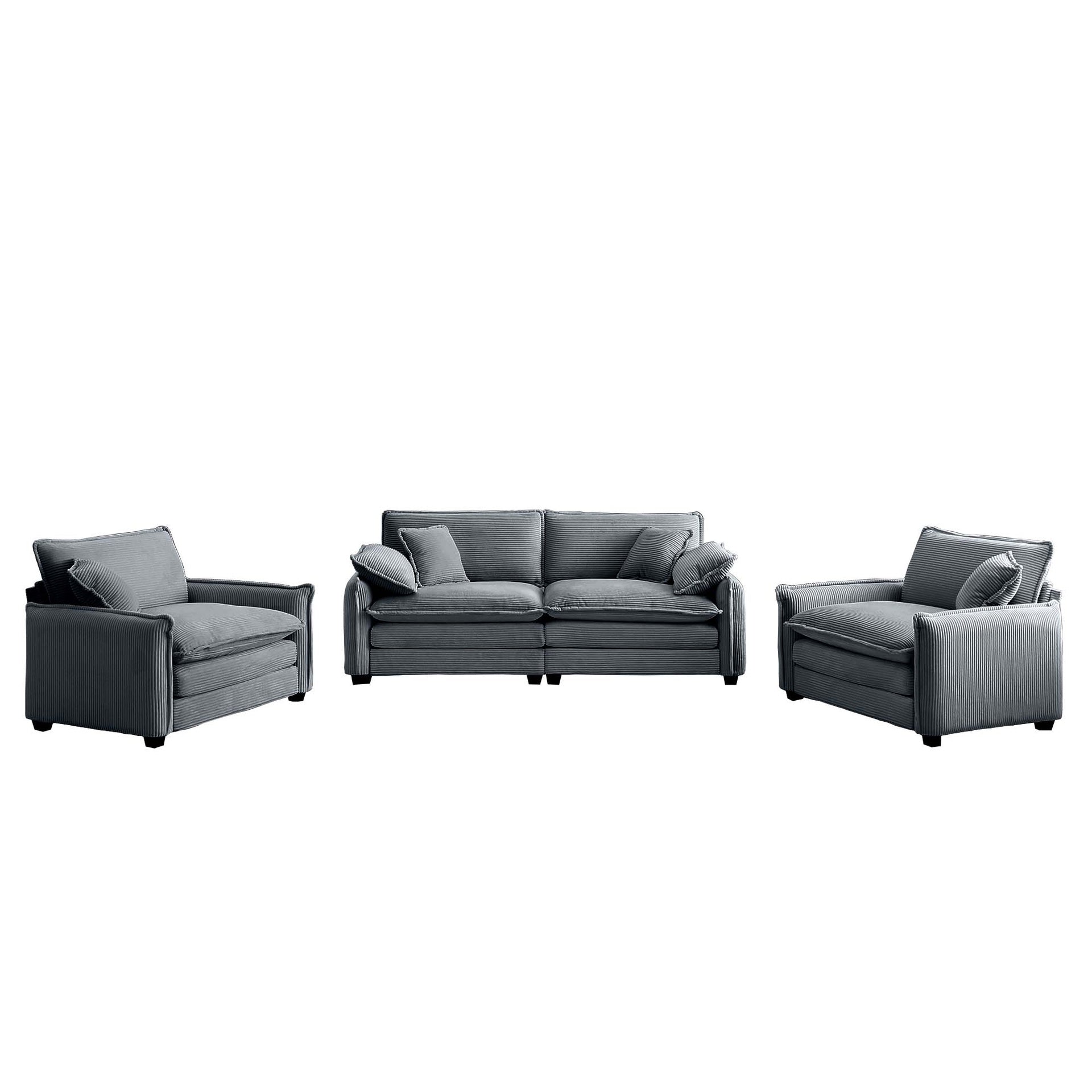 Luxurious and Sophisticated Sofa Set with Soft Cushions and Pillows, Sofa Set for Living Rooms and Clubs as well as Home Theaters, Consisting of Two Single Sofas and a 2-Seaters  Sofas inGrey Corduroy