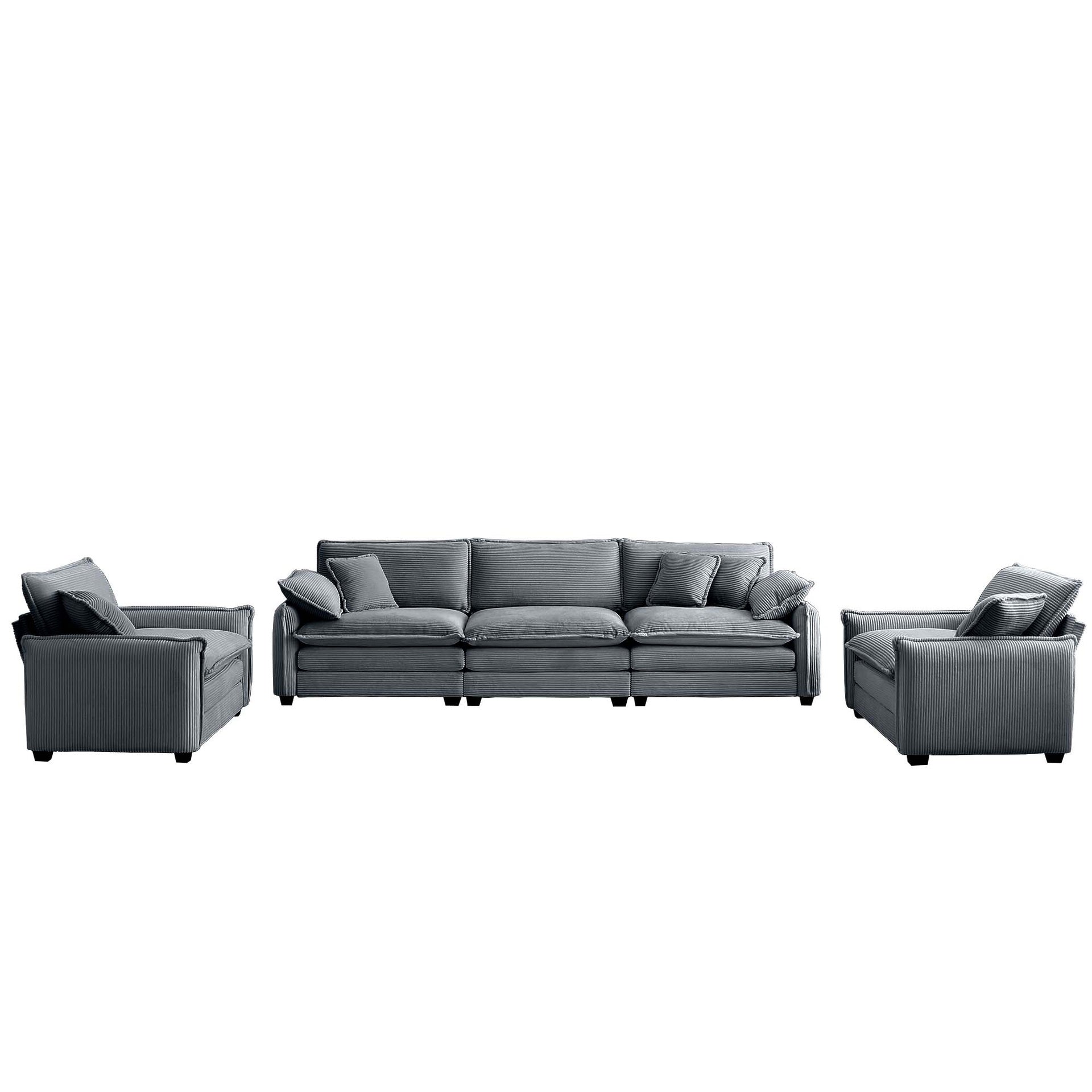 Warm and Cozy Sofa Set with Soft Cushions and Pillows, Home Theater Style Sofa Set Consisting of a 3-Seater Sofa and Two Single Sofas inGrey Corduroy Fabric