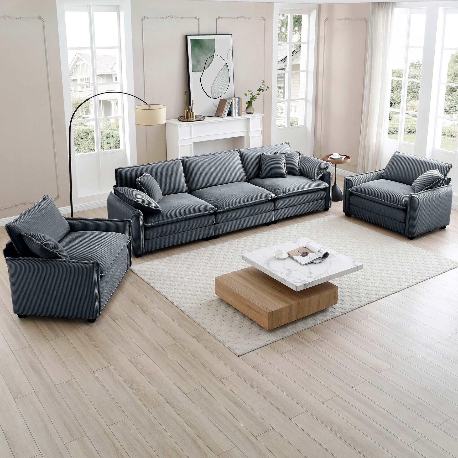 Warm and Cozy Sofa Set with Soft Cushions and Pillows, Home Theater Style Sofa Set Consisting of a 3-Seater Sofa and Two Single Sofas inGrey Corduroy Fabric